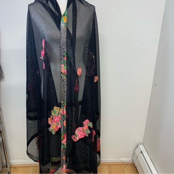 Mesh Wrap Shaw Black Pink Floral Satin Trim Long Boho Western Vacation Lagenlook - Picture 1 of 4